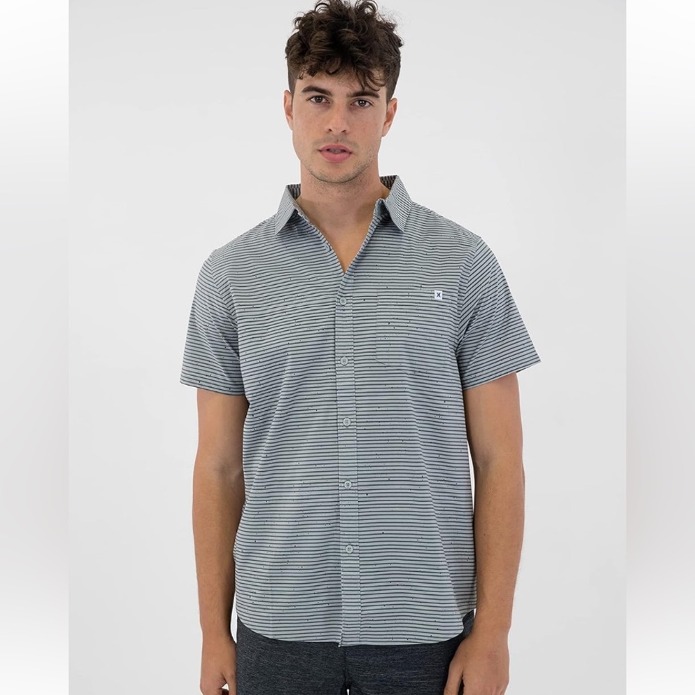 Hurley men’s grey striped paint speckled short sleeve button front shirt sz XL
